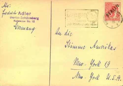 1949,  30 Pfg. Schwarzaufdruck als EF auf Postkarte nach New York