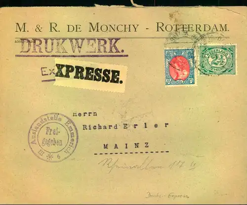 1916: Express-Drucksache ab ROTTERDAM nach Deutschland, Ankunft Mainz 2.4.16. Seltene Verwendung.