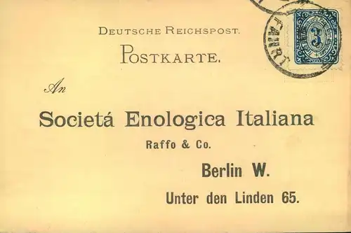 1887, PACKETFAHRT BERKIN: 2 Pf. auf Offerten karte für italienischen Wein