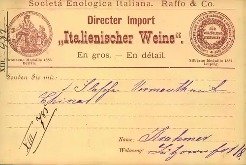 1887, PACKETFAHRT BERKIN: 2 Pf. auf Offerten karte für italienischen Wein