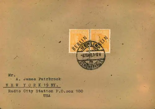 1948, 25 Pf. Schwarzaufdruck im waagerechten Paar auf Auslandsbrief ab BERLIN-SCHÖNEBERG nach USA. Geprüft