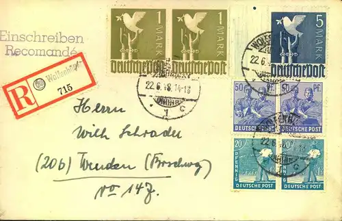 1948. ZEHNFACHFRANKATUR: portogerechter R-Brief mit 5 Mark Taube in Mischfrankatur ab "WOLFSBURG 1 22.6.48