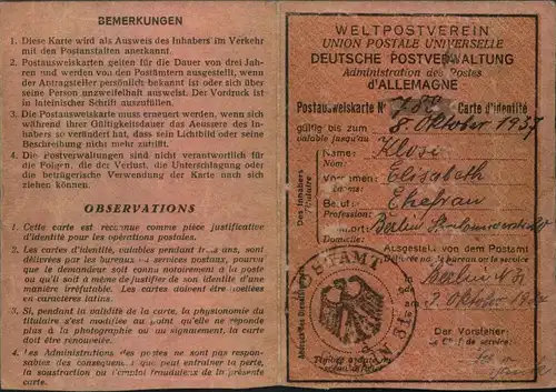 1934, Postausweiskarte frankiert mit 50 Pfg. Hindenburg, ausgestellt "BERLIN N31 -9.10.34".