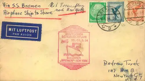 1934, "DEUTSCHER SCHLEUDERFLUG DAMPFER "BREMEN - NEW YORK. Umschlag ab BERLIN C L 2