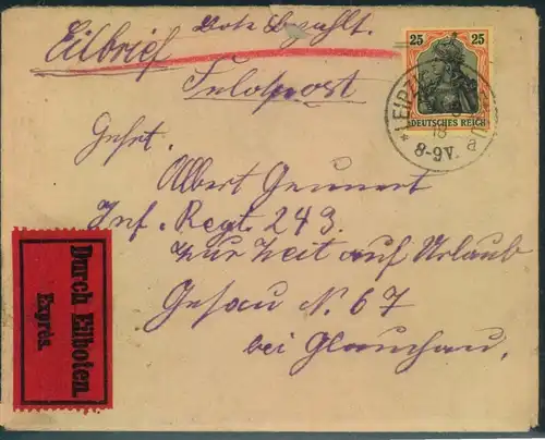 1918, 25 Pfg. Germania Kriegsdruck als alleinige Eilgebühr auf Feldpostbrief ab LEIPZIG - Mi 88II