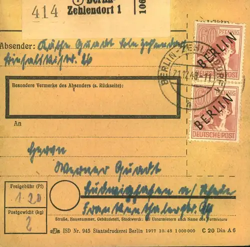 1948, 2mal 60 Pf. Schwarzaufdruck als MeF auf Paketkarte ab BERLIN-ZAHLENDORF