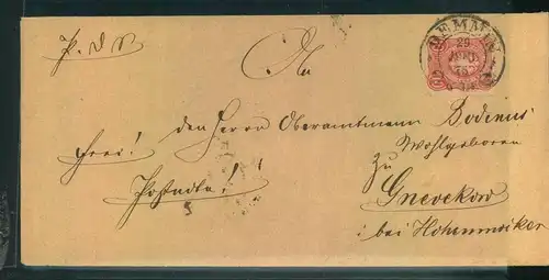 1875, Hufeisenstempel „DEMMIN“ auf Faltbrief mit 10 Pfge.