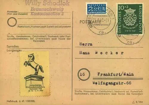 1950, 10 und 20 Pf. Bachsiegel portogerecht als EF auf Karte bzw. Fernbrief