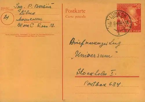 1949, 20 Pf. Ganzsachenkarte „Bundestagseröffnung“ bedarfsgebraucht ab LÜBECK nach Schweden