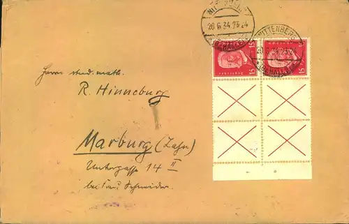 1934, Brief mit 15 Pfg. Hindenburg "X/X/15" 2-mal ab WITTENBERG