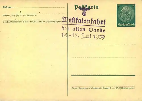 1939, „Westfalenfahrt der alten Garde" Seltener Sonderstempel auf Blankokarte