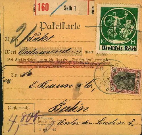 1920, Wert-Paketkartenstammteil mit 10 M Bayernabschied, Aufdruck Type II, mit Kopierstiftkreuz entwertet mit 50 Pfg. Ge
