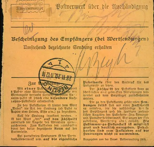 1920, Wert-Paketkartenstammteil mit 10 M Bayernabschied, Aufdruck Type II, mit Kopierstiftkreuz entwertet mit 50 Pfg. Ge