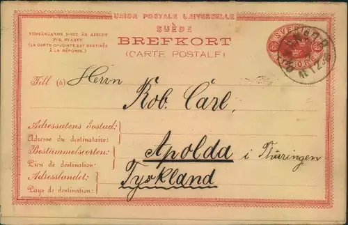 1890, 10 Öre Doppelkarte mit Bahnpoststempel geschrieben in Karlstad nach Aoplda.