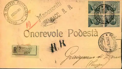 1928: Drucksache-Einschreiben-Rückschein (Manoscritti Racc. R.R.) mit Viererblock 30 Cent. Victor Emmanuel III ab BERGAM