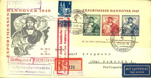 1949, Exportmesse-Block mit Zusatz auf Luftpost-Einschreiben mit Sonderflug von Hannover nach Hamburg.
