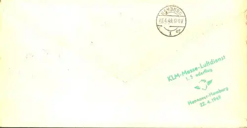 1949, Exportmesse-Block mit Zusatz auf Luftpost-Einschreiben mit Sonderflug von Hannover nach Hamburg.