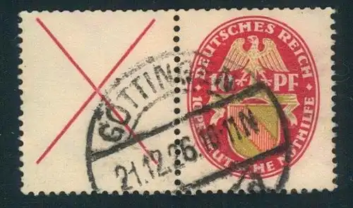 1928, 10 Pfg. NOTHILFE im waagerechten Zusammendruck mit links anhangendem Andreaskreuz, sauber gestempelt,