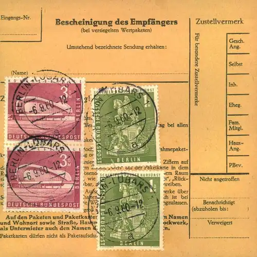 Berlin, Briefmarken 154 (2),53 (2),166 ba 50.00 385 1960, Paketkarten-Stammteil fiir ein schweres Paket ab "BERLIN — LU