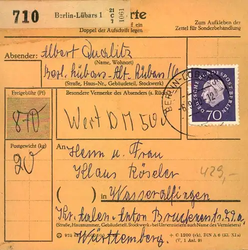 Berlin, Briefmarken 154 (2),53 (2),166 ba 50.00 385 1960, Paketkarten-Stammteil fiir ein schweres Paket ab "BERLIN — LU