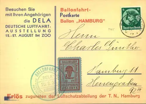 1933, DELA-Karte mit 6 Pfg. Fridericus und Flugmarke zur "Ballonfahrt der Luftschutz-Abt. der T.N." vom 25.8.1933