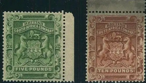 1892, BRITISH SOUTH AFRICA COMPANY 5 and 10 Pound coat of arms unused without gum - SG No. 12/13 (cv 4350 GBP mh), Miche