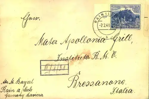 1940, 25 Pf. WHW als EF auf Auslandsbrief ab RAIN (LECH) nach Italien. OKW Zensur