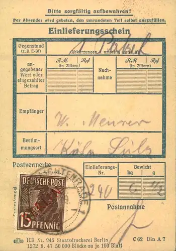 1949, 15 Pfg. Rotaufdruck auf Einlieferungsschein flr ein Paket ab "BERLIN-LICHTENRADE 1" nach KG6ln - Sulz