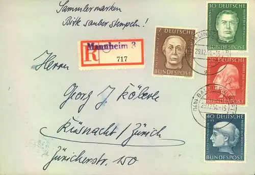 1954, Wohlfahrt komplett auf R-Brief ab MANNHEIM