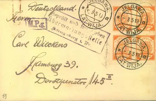 1919, letter from JELGAWAR to Hamburg with beautiful block of four20 Kop orange. Military censor