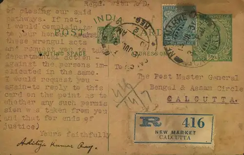 1931, stationery card  registered from“NEW MARKET NEW DELHI“.to Calcutta