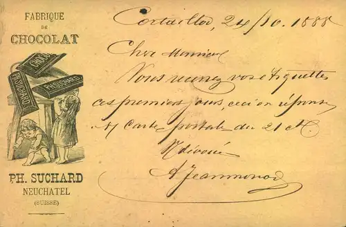 1888, 5 Rp- Werbeganzsachenkarte „Fabrique de Chocolat P.H. SUCHARD!, „elaufen