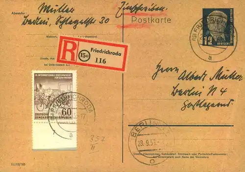 1953, Bedarfs- R- Karte mit 60 Pf. Friedensfahrt ab FRIEDRICHRODA