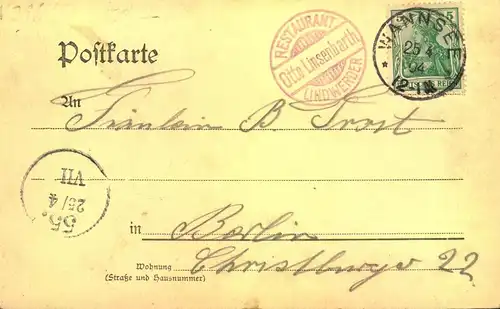 1904, „Gruß aus Lindwerder“ , gelaufen mit Berliner Vorortstempel „WANNSEE“