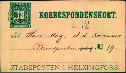1890 (ca) STADTSPOST HELSINGFORS, 10c. private envelope