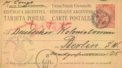 1886, 6 C. stationery card from BUENOS AIRES "via Cono" to Berlin.