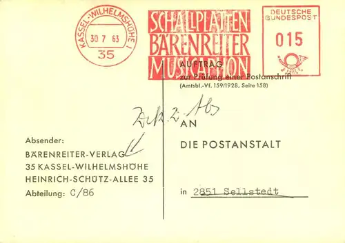 1964, Anschriftenprüfung mit 15 Pf. Absenderfreistempel ab KASSEL-WILHELMSHÖHE
