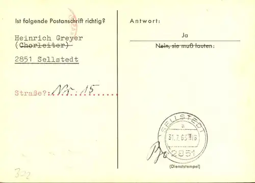 1964, Anschriftenprüfung mit 15 Pf. Absenderfreistempel ab KASSEL-WILHELMSHÖHE