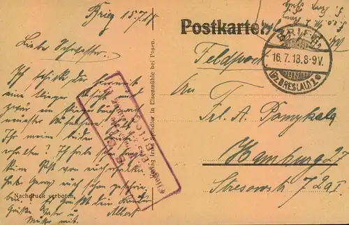 1918, Feldpostkarte "Flieger - Pech" gelaufen