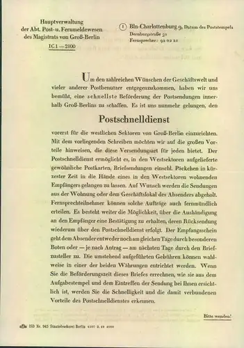 1948, Merkblatt über die Gebühren des Postschnelldienstes in Berlin.