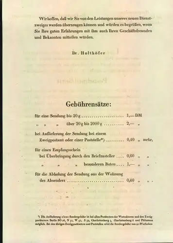 1948, Merkblatt über die Gebühren des Postschnelldienstes in Berlin.