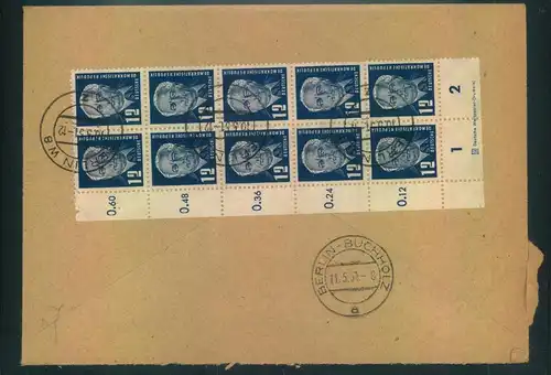 1951, 12 Pf. Oieck im 10-er Block mit Druckereizeichen 1 rückseitig auf R-Nachnahme ab BERLIN W 8