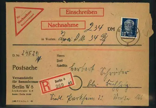 1951, 12 Pf. Oieck im 10-er Block mit Druckereizeichen 1 rückseitig auf R-Nachnahme ab BERLIN W 8