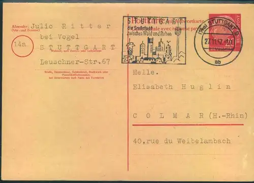 1957, Doppelkarte 20 Pfg. Heuss | mit Maschinenwerbestempel "(14a) STUTTGART 27.11.57" mit GruRworten adressiert nach Co