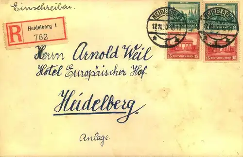 1930, Ortseinschreiben "HEIDELBERG" mit 2 Nothilfe Zusammendrucken 8/15 Pf.