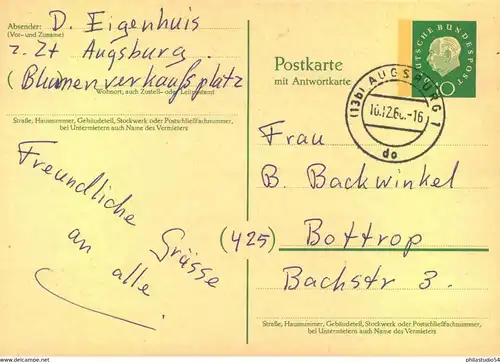 1960, 10 und 20 Pfg. Heuss Medaillon Doppelkarten mit schmalem Lumogezudruck, gebraucht