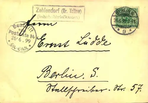 ZEHLENDORF (Bahnhofsbriefkasten), besserer Nebenstempel auf Postkarte - 1899