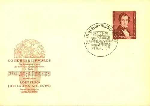 1951,  20 Pf. Lotzing auf FDC mit Sonderstempel BERLIN-NEUKÖLLN