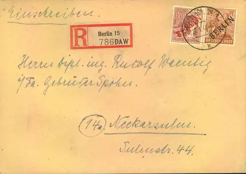 1949, Einschreiben abBERLUIN 15 mit MiF 24 Pfg. Schwarz- und 60 Pfg. Rotaufdruck