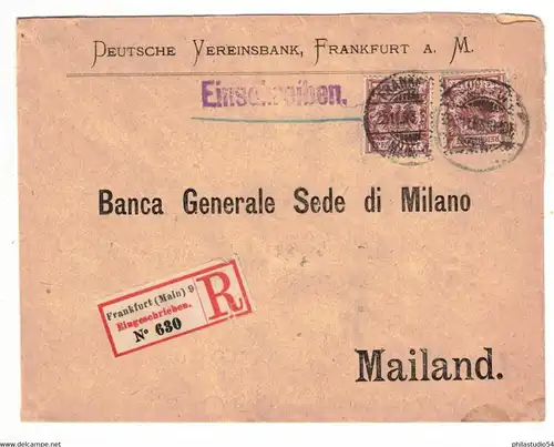 1896 ca., 50 Pfg. Krone/Adler im2-nal auf R-Brief ab FRANKFURT (MAIN) nach Milano-